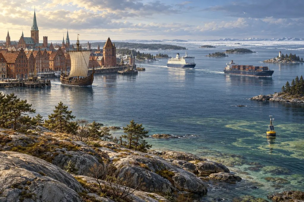 The Baltic Sea with glacial rocky skerries, a Hanseatic brick port and sailing ship, modern ferry and container vessel, seasonal ice, and an environmental monitoring buoy