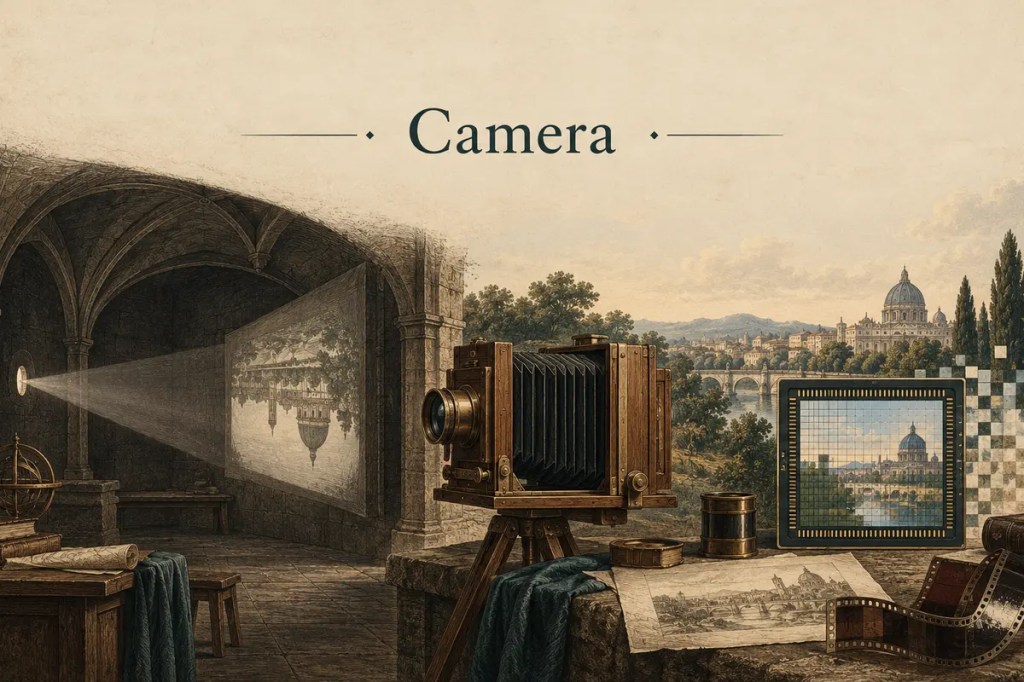 Camera illustrated as a vaulted chamber projecting an inverted scene through light, transforming into a nineteenth-century bellows camera and a modern digital sensor