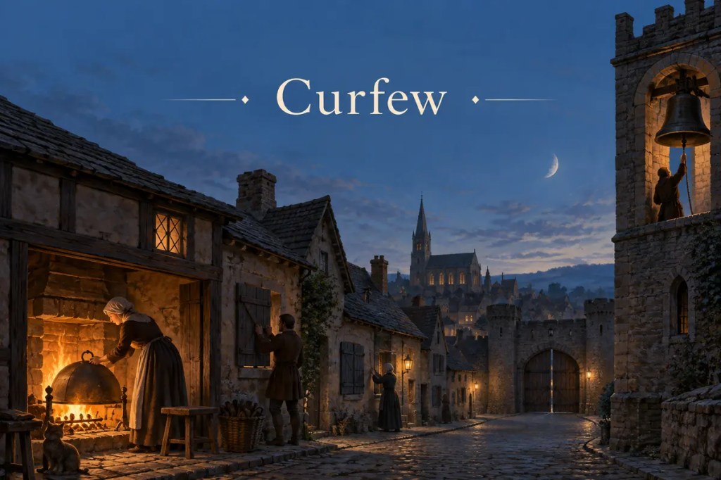 Curfew illustrated by a medieval bell, a household hearth being covered, shutters closing, and a town gate at nightfall