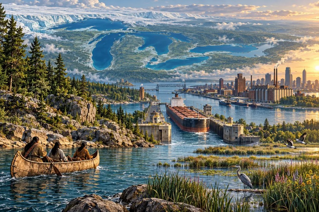 The Great Lakes with glacial ice, an Indigenous canoe, a canal lock and bulk freighter, an industrial port, and restored freshwater wetlands