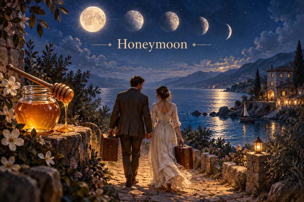 Editorial illustration for Honeymoon showing moon phases, a glowing jar of honey, and newlyweds beginning a journey with travel cases