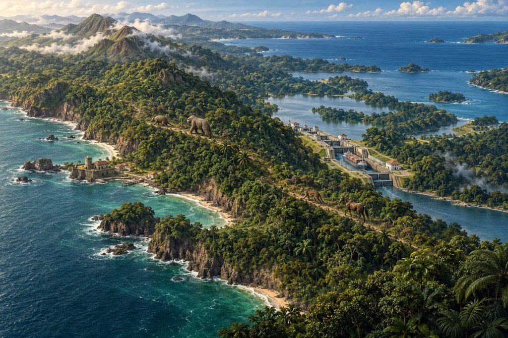 Aerial editorial illustration of the Isthmus of Panama with tropical volcanic ridges, migrating animals, a historic trail, Gatun Lake, and Panama Canal locks