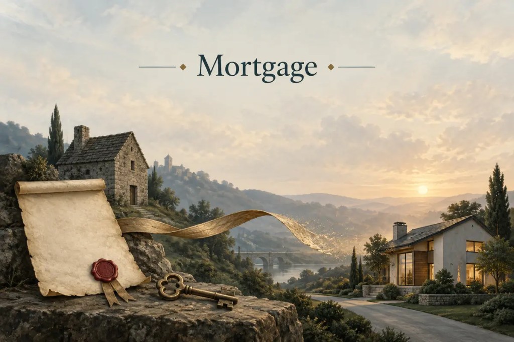 Mortgage illustrated by a medieval sealed property pledge transforming into a modern home, with an antique key and a dissolving bond