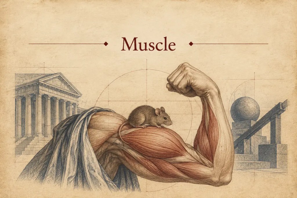 Muscle illustrated as a classical anatomical arm with a small mouse resting on the biceps, reflecting the Latin origin musculus