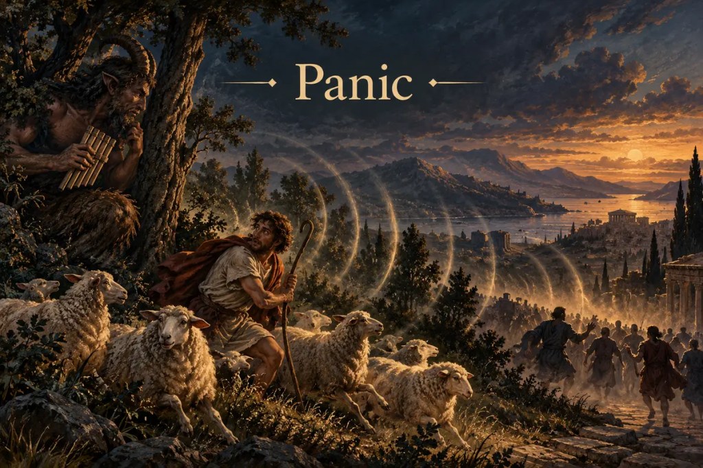 Editorial illustration for Panic showing the god Pan, a startled shepherd and flock, and waves of fear spreading toward a crowd
