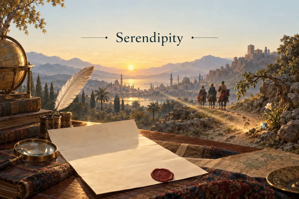 Serendipity illustrated by Horace Walpole's blank letter and quill, three traveling princes, overlooked clues, and a fortunate discovery beside their path