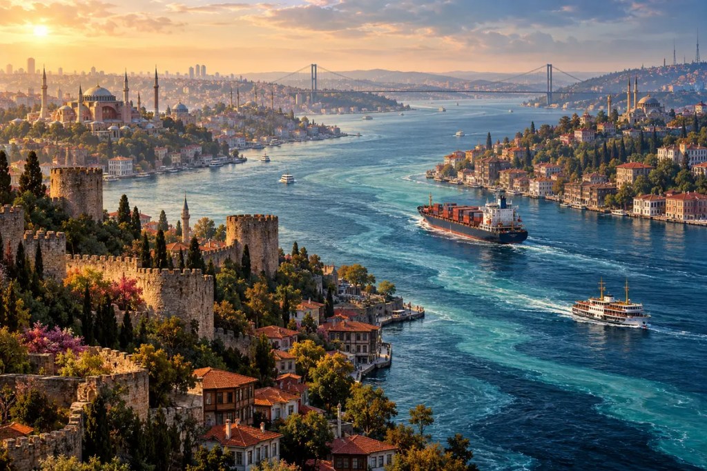 Editorial view of the Bosporus with Istanbul’s historic waterfront, fortifications, a cargo ship, ferry, bridge, and layered currents