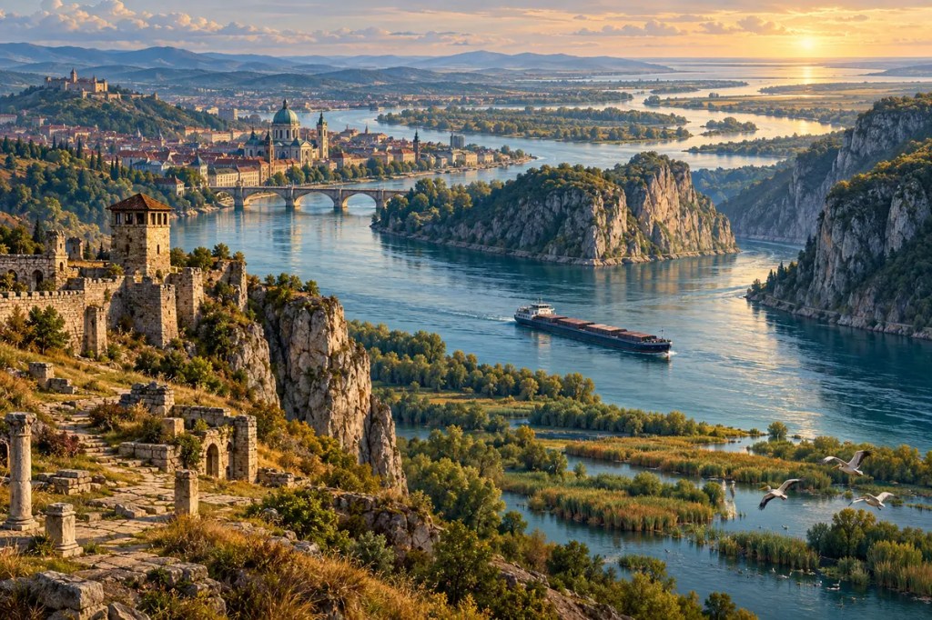 Editorial illustration of the Danube River linking Roman frontier ruins, a historic river city, the Iron Gates, a cargo barge, and floodplain wetlands