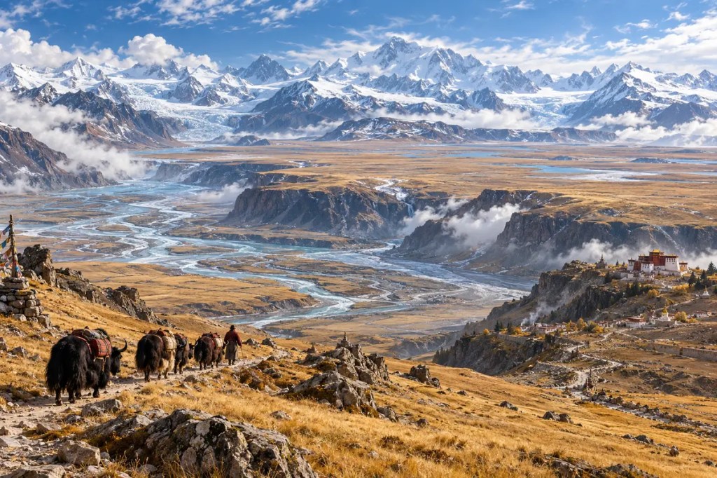 The Tibetan Plateau with glacier-fed braided rivers, a yak caravan, alpine grasslands, and a monastery beneath snow-covered mountains