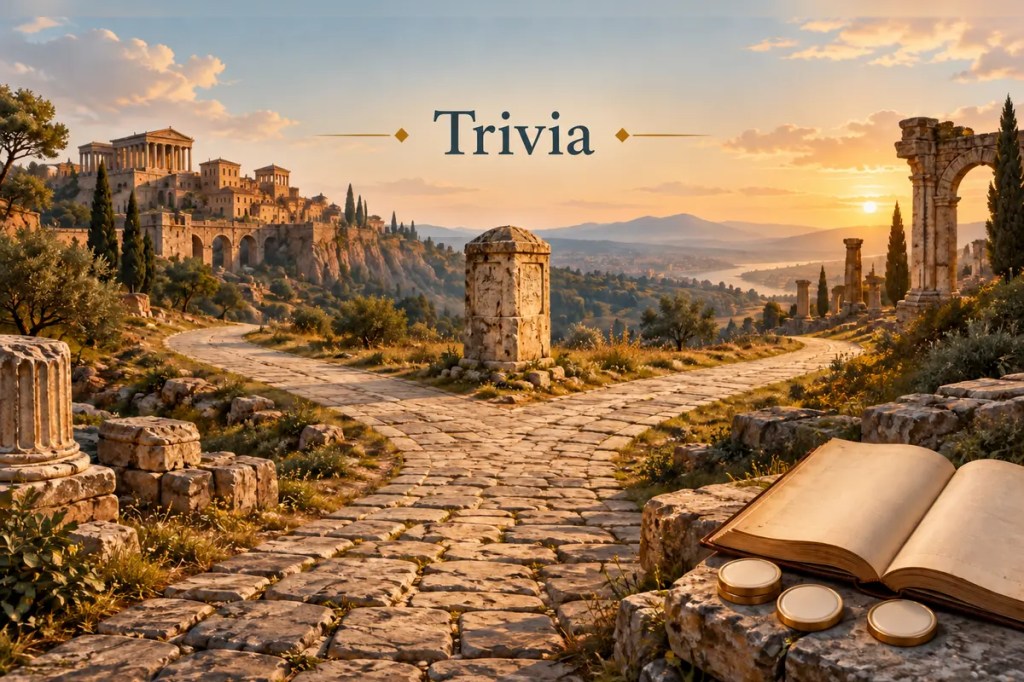 Editorial illustration for Trivia showing an ancient three-way Roman crossroads, a stone marker, a blank manuscript, and blank quiz tokens
