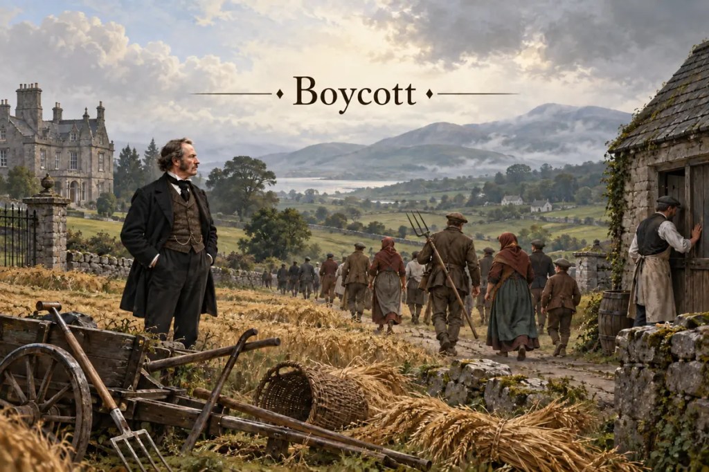 Boycott above an 1880 Irish estate where tenant farmers withdraw their labor and leave an isolated land agent