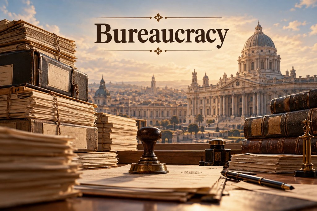 Bureaucracy: historic government offices, stacked administrative papers, bound records, and a seal press beneath an ornate editorial title.