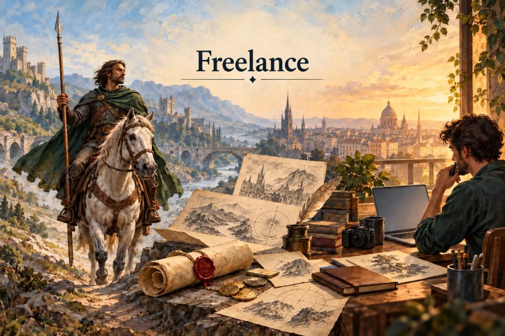 Freelance — an independent mounted lancer transitions into a modern creative professional at work