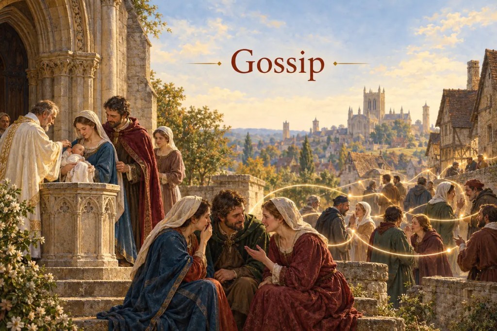 Gossip above a medieval baptism, trusted companions in conversation, and glowing paths showing news spreading through a community