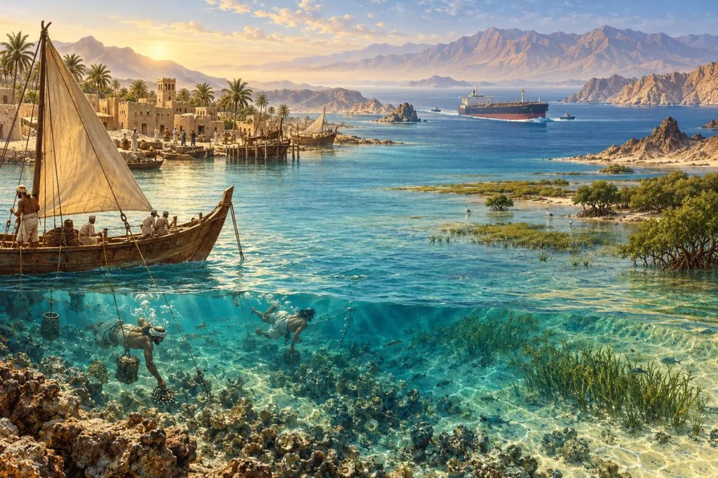 Editorial illustration of the Persian Gulf with pearl divers, a wooden dhow, an ancient coastal port, mangroves, seagrass, mountains, and an oil tanker.