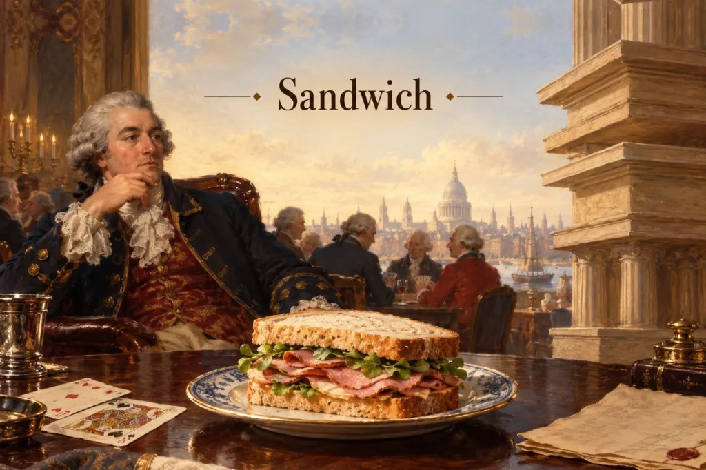 Editorial illustration for Sandwich, showing an eighteenth-century London card table, a bread-and-meat sandwich, and layered architecture.
