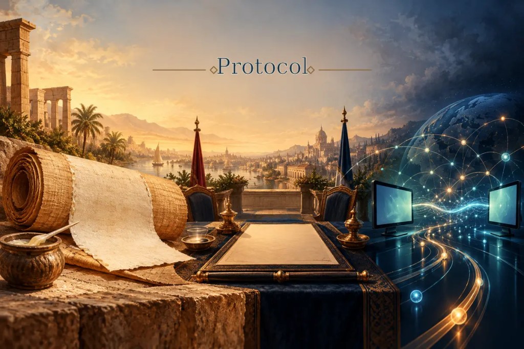 Protocol word above a papyrus roll, diplomatic document, and interconnected computer network