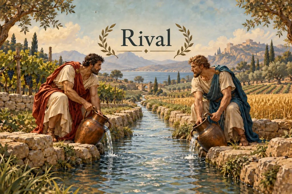 Rival — two neighboring landholders draw water from the same stream, illustrating the word’s Latin origin