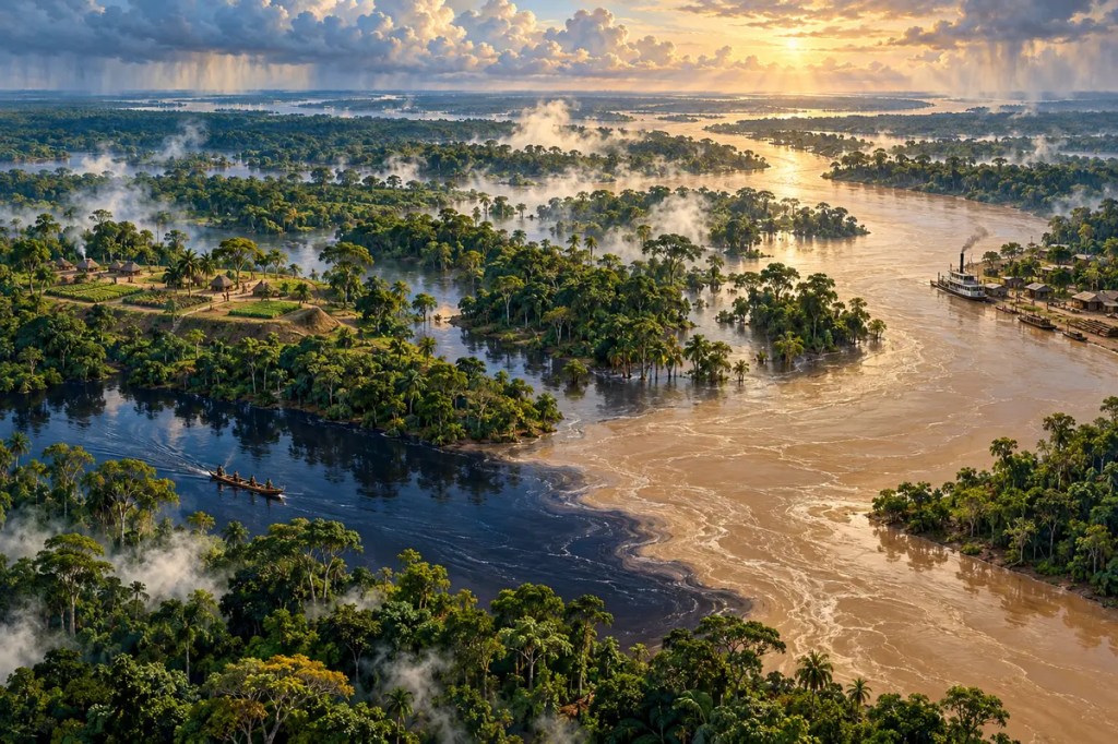 Editorial panorama of the Amazon Basin showing blackwater and whitewater rivers meeting, flooded rainforest, an Indigenous canoe and settlement, and a river steamer