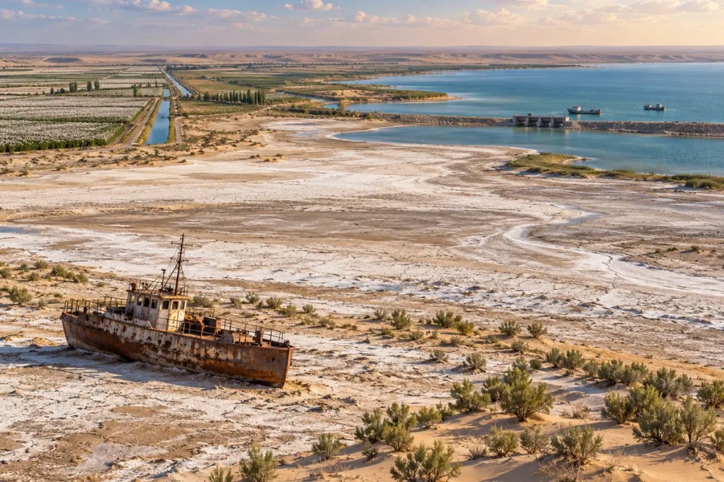 The Aral Sea’s exposed salt-covered seabed with an abandoned fishing vessel, irrigation canals, a northern dam, returning boats, and young saxaul shrubs