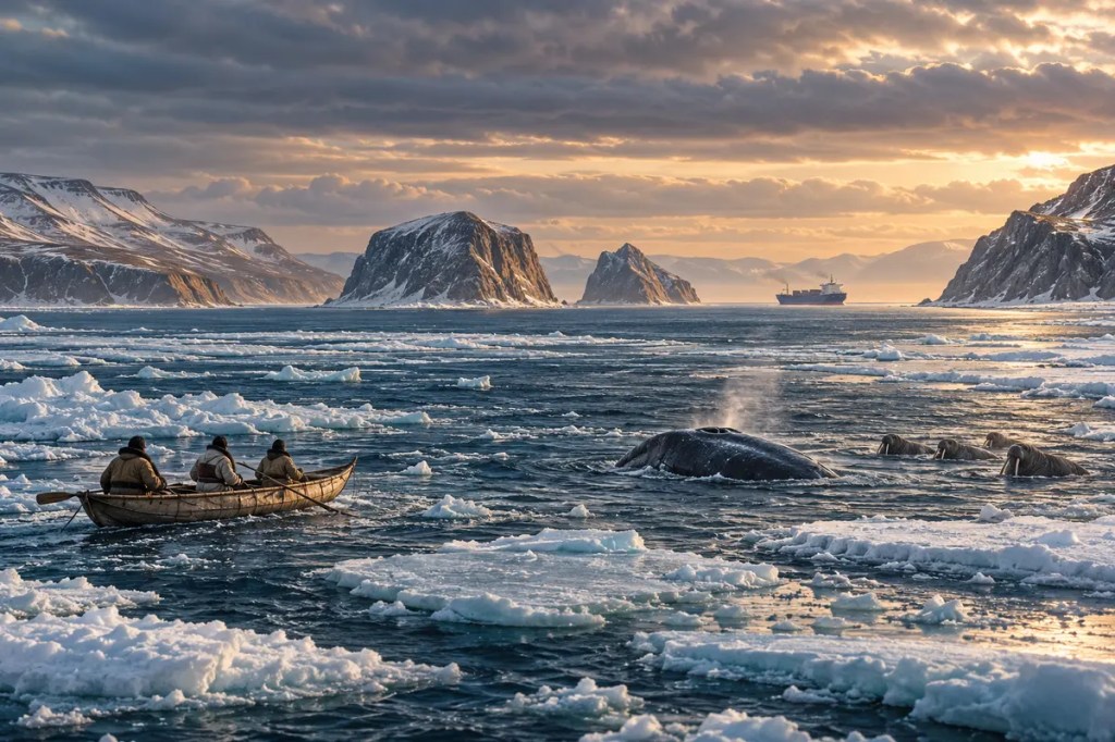 The Bering Strait with the Diomede Islands, sea ice, a bowhead whale, walruses, an Indigenous boat, and a distant cargo ship