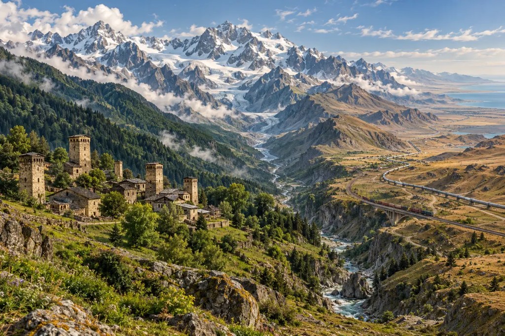 The Caucasus with glacier-clad peaks, Svan tower villages, and an east–west rail and pipeline corridor