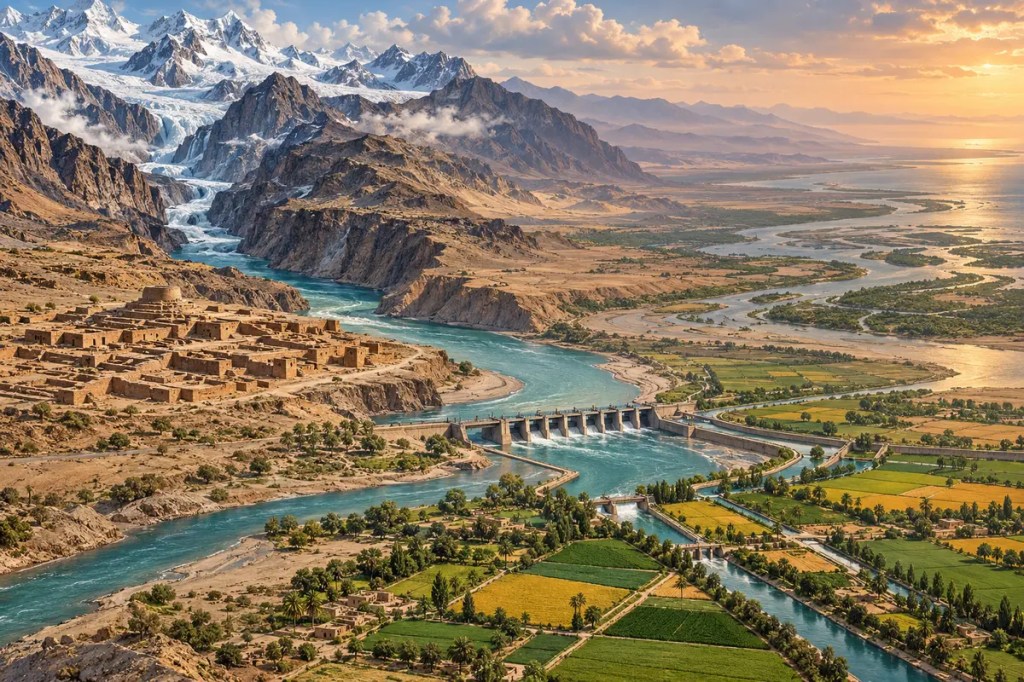 The Indus River flowing from glaciated mountains past ancient brick ruins, a barrage, irrigation canals, and cultivated plains