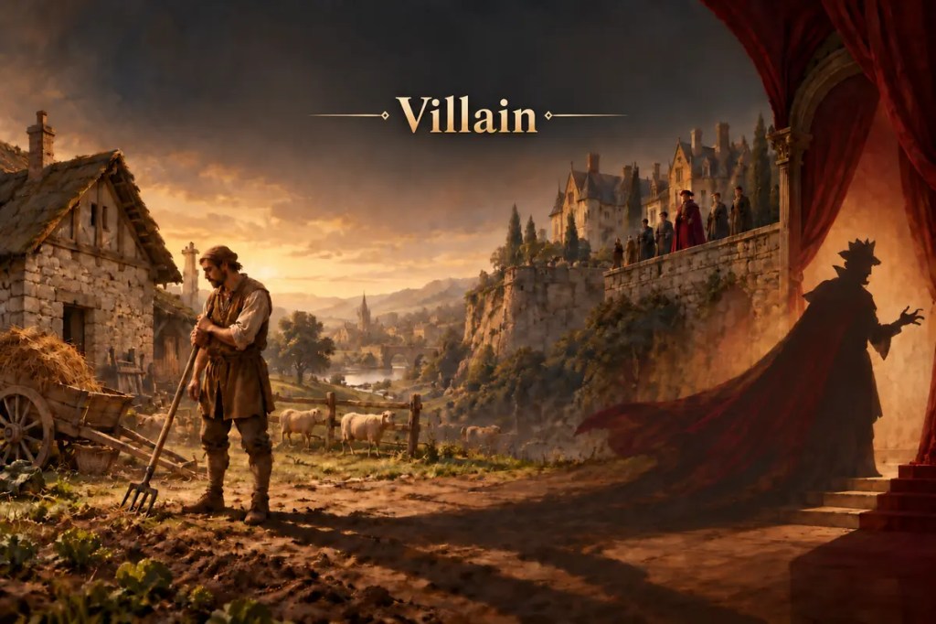 Villain — a medieval rural worker whose shadow becomes a theatrical antagonist beneath a distant manor